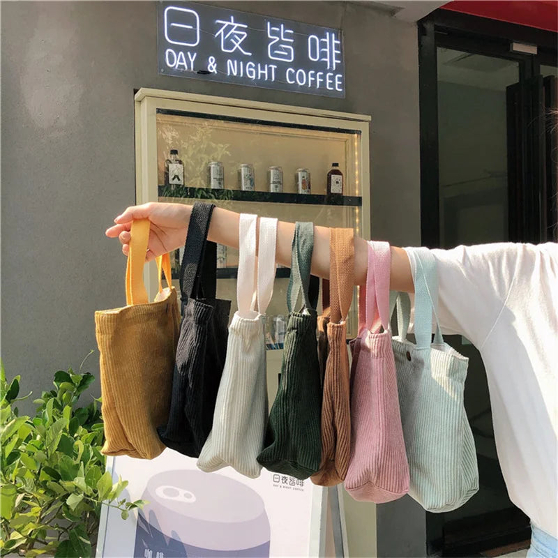 Cute Corduroy Shopper Tote Bag Woman Girls Lady Travel Shopping Cloth Handbags Lunch Bag Small Portable Hand Pouch Bag Organizer