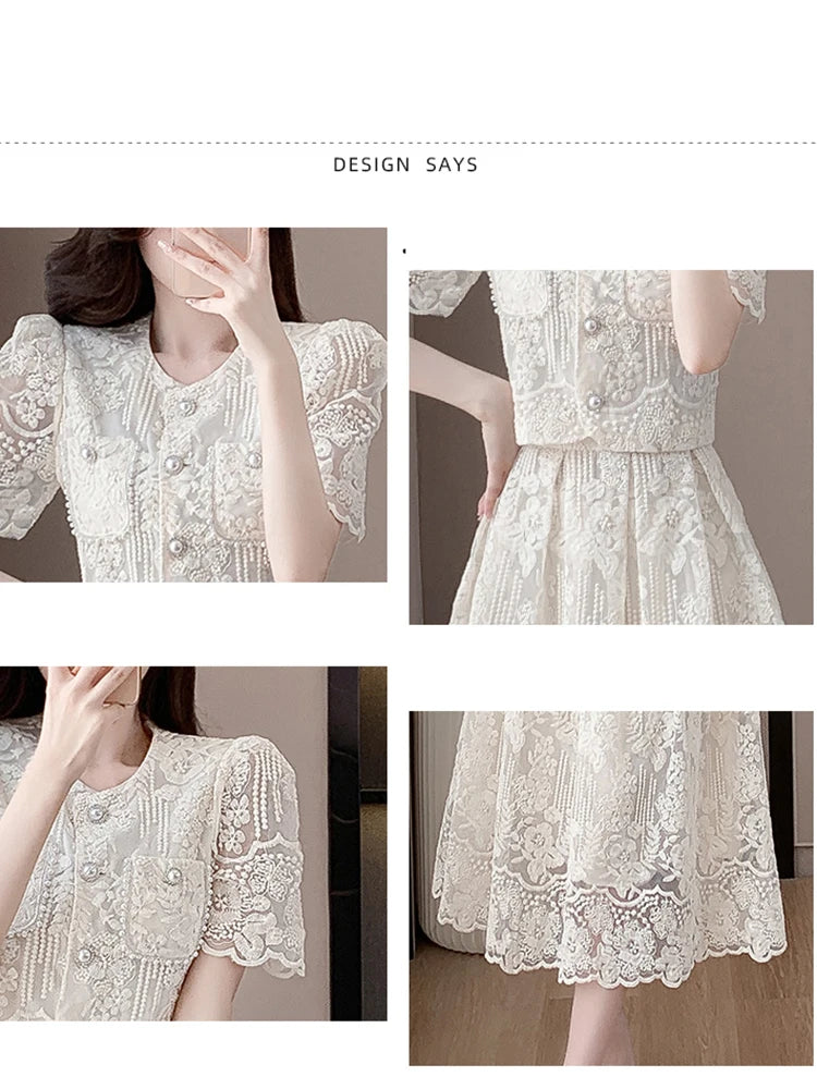 2024 Summer New Embroidery Lace 2 Piece Set Chic Women Beaded Flower Single Breasted Short Top + A Line Midi Skirt Suits High Qu