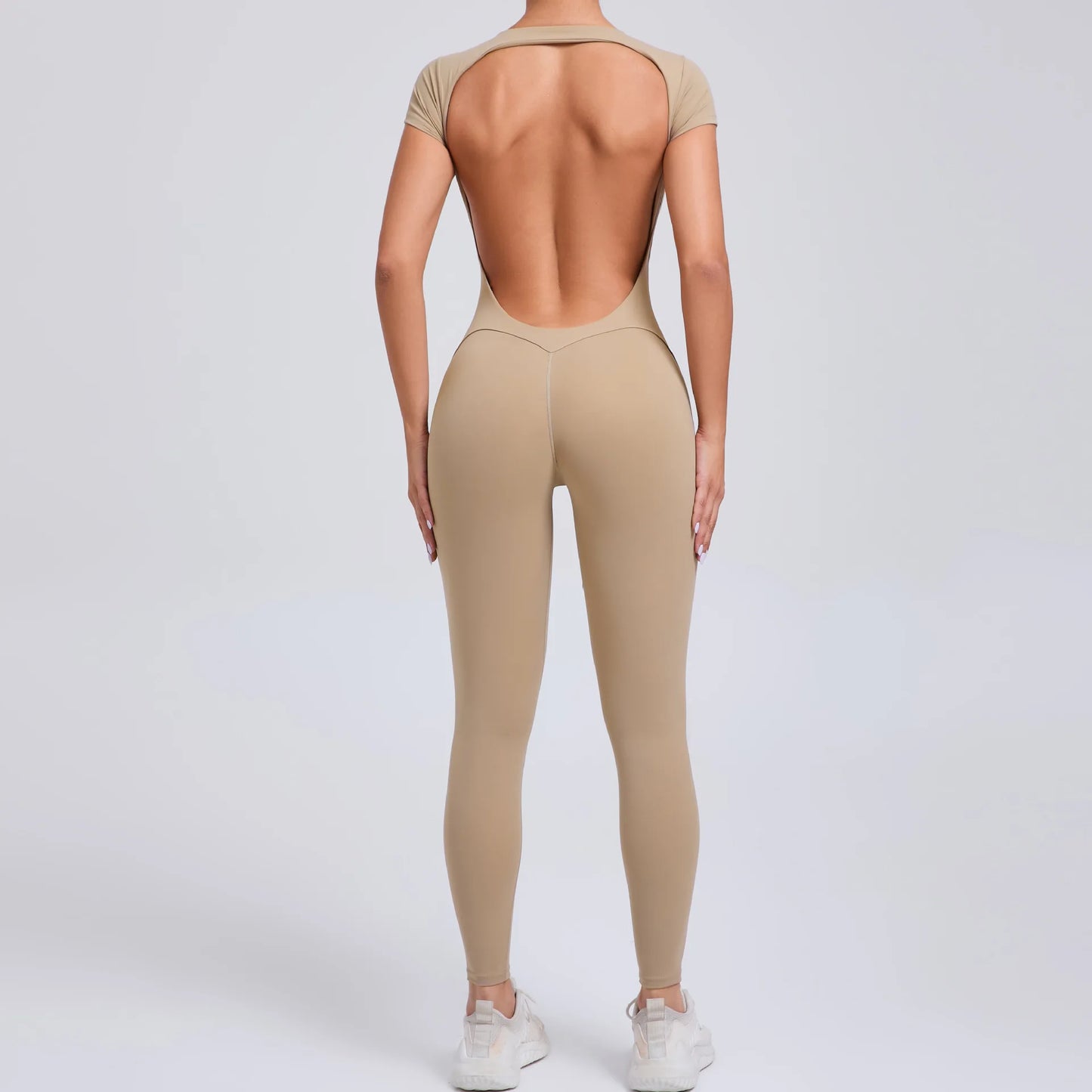 Women's One-piece Yoga Jumpsuit Short Sleeve Open Back Slim Fit Sports Outfit Tights Quick-drying Hip Lift Gym Fitness Clothes