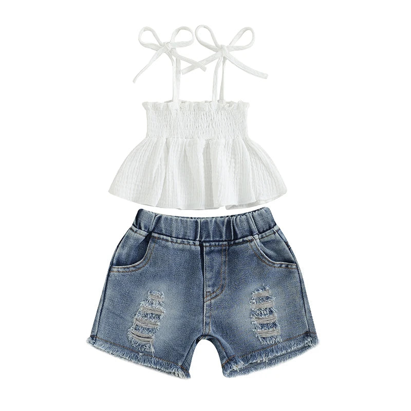 Pudcoco Kids Baby Girls Shorts Set, Tie-up Pleated Camisole with Ripped Denim Shorts Summer 2-piece Outfit 1-5T