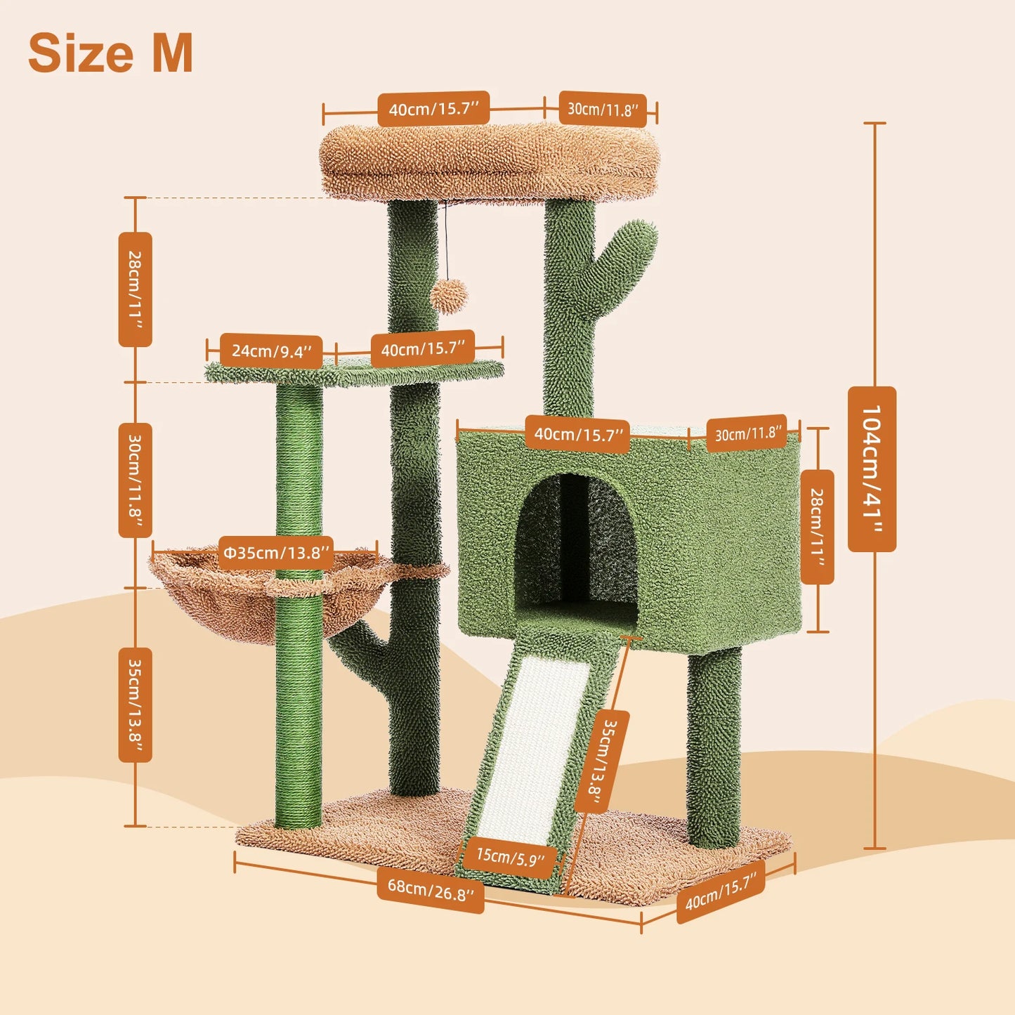 Cactus Cat Tree with Sisal Covered Scratching Post, Cozy Condo, Hammock, Multi-Level Cat Tower for Indoor Cats, Cat House Toys