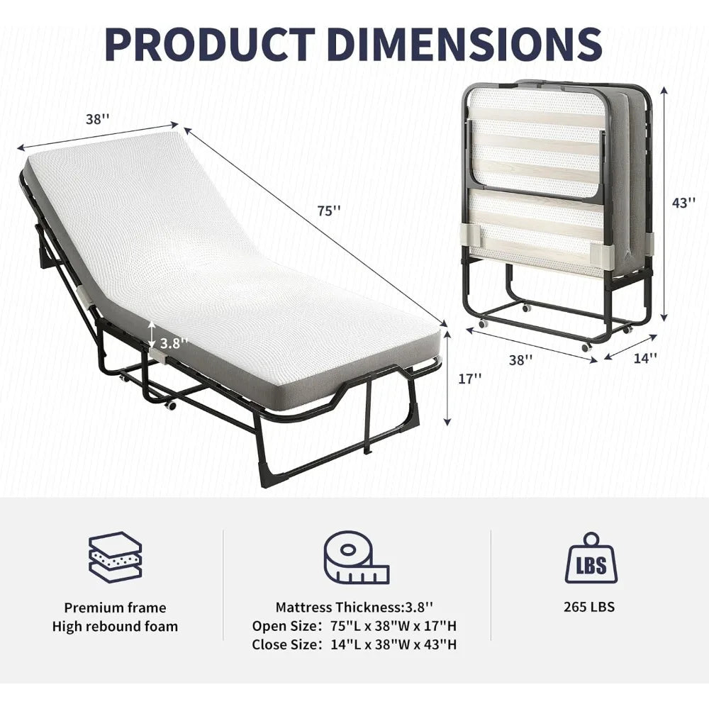 Twin Size Rollaway Bed, 75" x 38" Folding Bed with 3.8 Inch Foam Mattress, Space-Saving with Sturdy Metal Frame,Portable beds