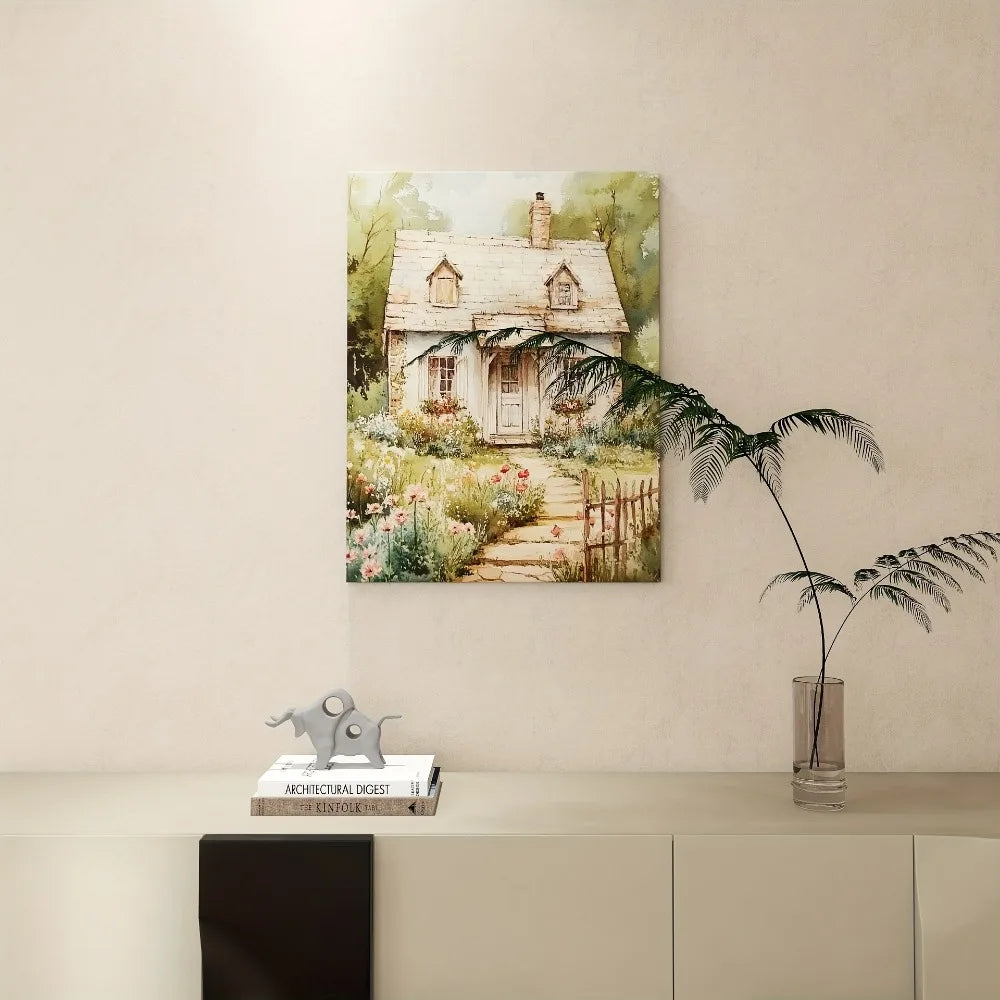 Stone house canvas prints, modern art Deco, floral embellished serene landscapes,1.5 inch thick wood frame