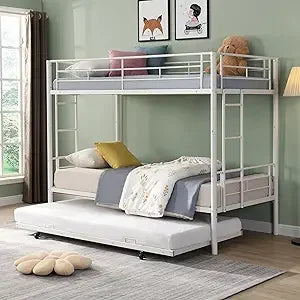 Twin Over Twin Bunk Bed Frame with Trundle,Metal Bunk Bed Bedframe with Guard Rail and 2 Ladders for Adults,Can be Divided into