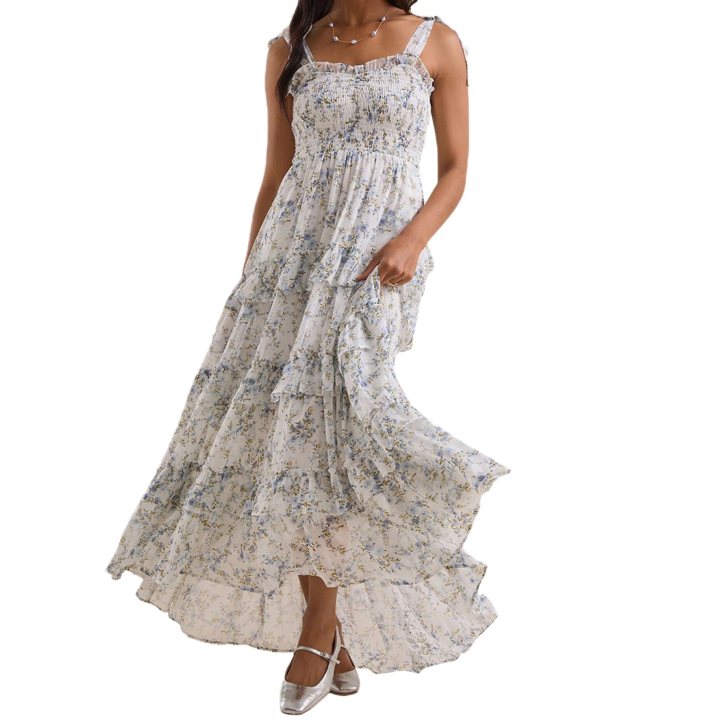Elegant Sleeveless Floral Print Maxi Dress with Tiered Ruffle Detail and Adjustable Tie-Shoulder Straps for Women