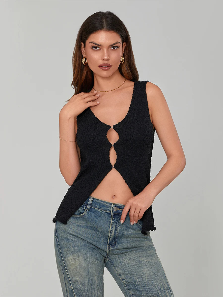 Women Knit Vests Solid Color V-Neck Sleeveless Hollow-Out Front Sweater Vests Pullovers Casual Tank Tops Streetwear
