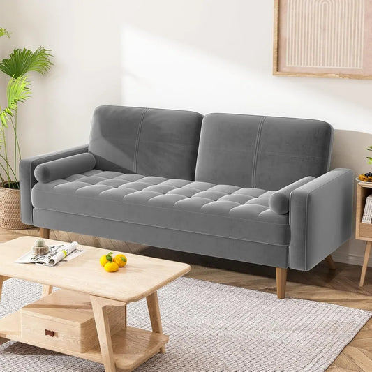 3 Seater Sofa Couch, 68 Inch Velvet Loveseat Sofa with Tufted Seat Cushion and Bolster, Mid Century Modern Couch with Solid Wood
