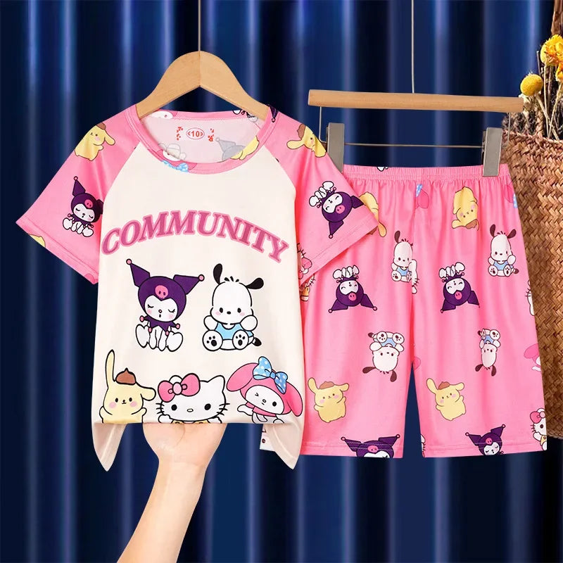 Cartoon Melody Summer Pajamas for Girls and Boys Short Sleeved Comfortable Sleepwear and Home Clothing Set for Kids Teenagers