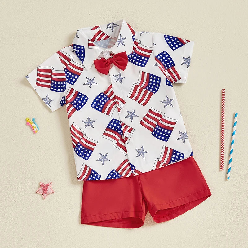 Infant Boy Independence Day Apparel Red White Blue Star Stripe Print Bowtie Top Shorts Set Kids Clothing for July 4th
