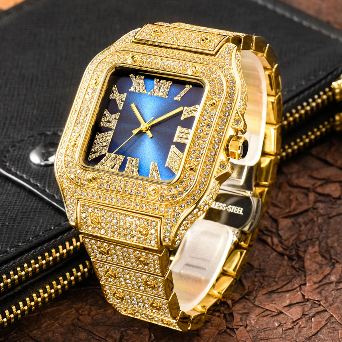 Aokaishen Iced Out Diamonds Watches 2023 Trend Stainless Steel Wristwatches for men Full Stones Zircon Quartz Square Gift