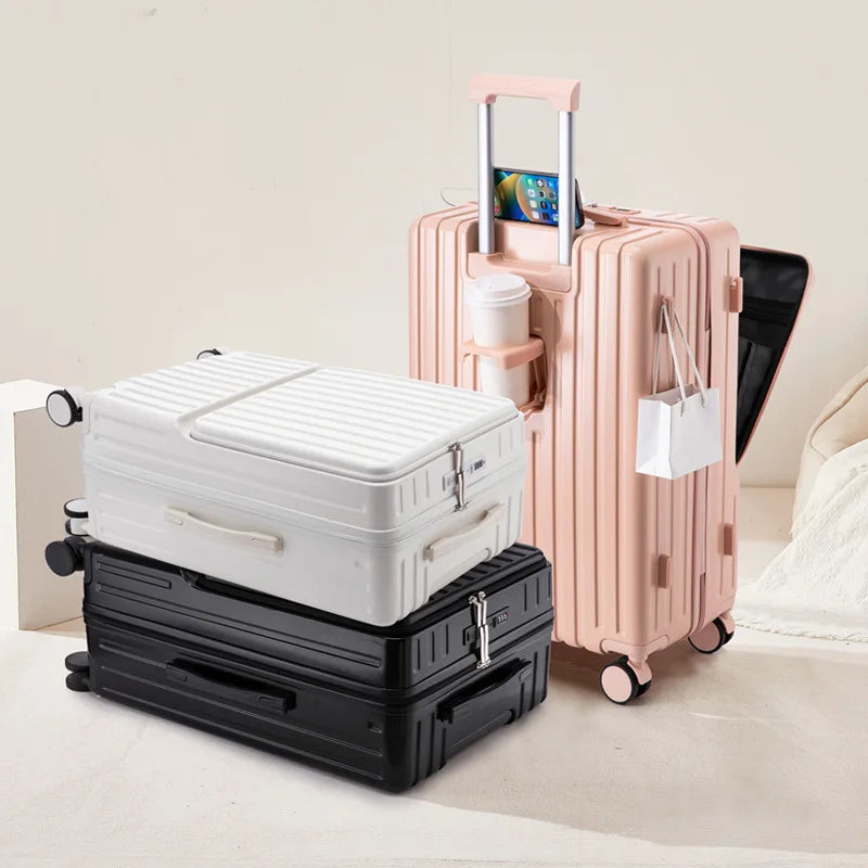 Luggage new large-capacity trolley case durable universal wheel Suitcase Portable Travel Case With Cup Holder USB Charging Port