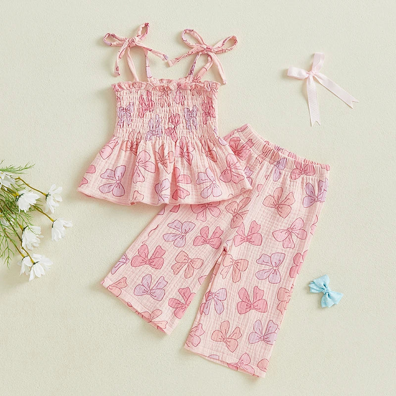 2025-01-02 Lioraitiin Summer Toddler Kid Baby Girl Clothes Set Sleeveless Lacing Strap Camisole Elastic Waistband Pants Outfits