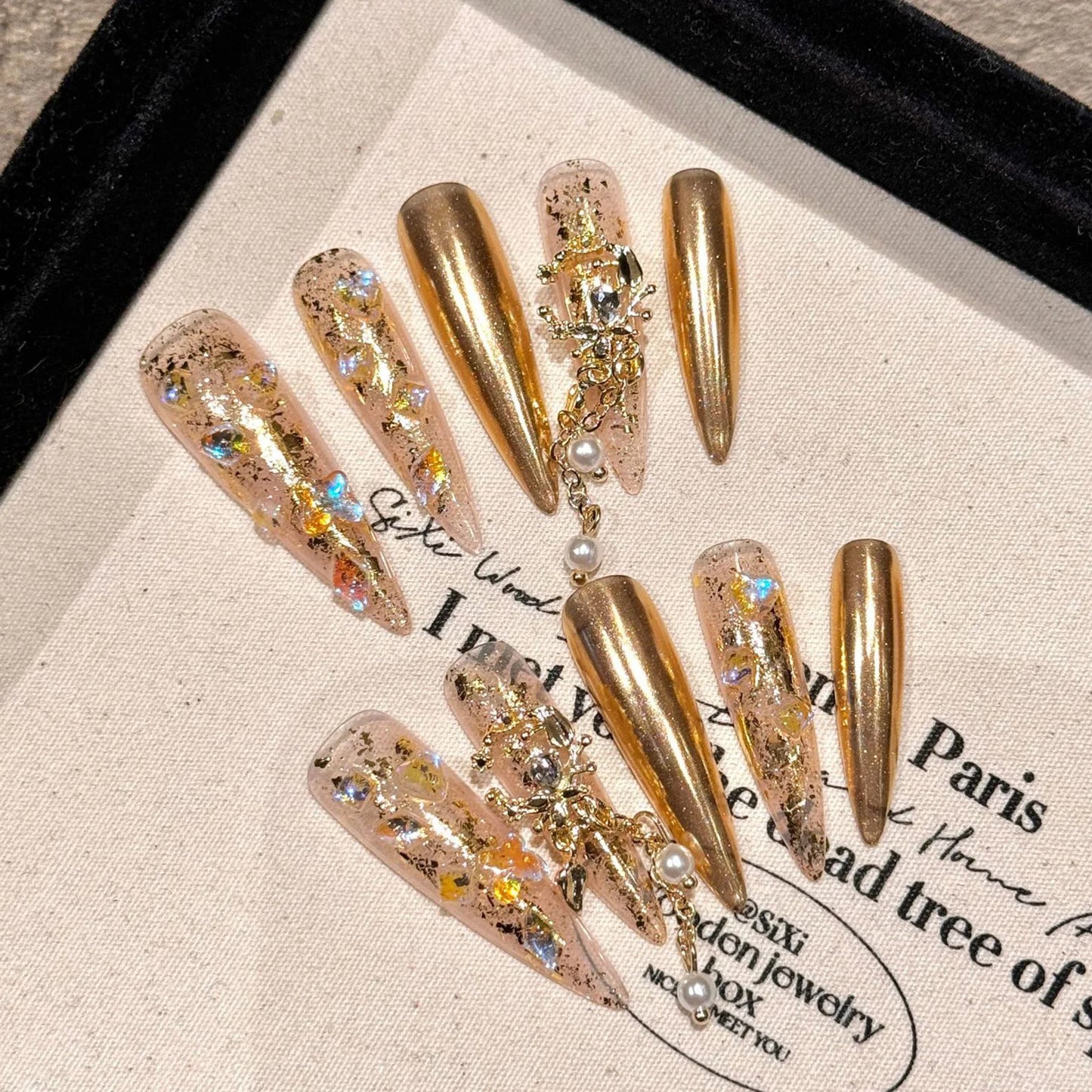 Long Fake Nails Stiletto Wearable Full Flash Rhinestones False Nails With Designs Almond Nail Tip