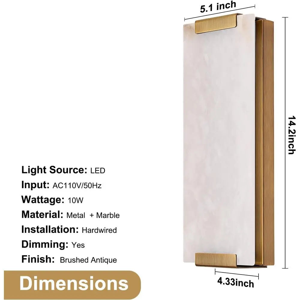 14.2 Large Natural Marble Wall Sconces Set, LED Modern Lighting for Home, Brushed Bronze 12W