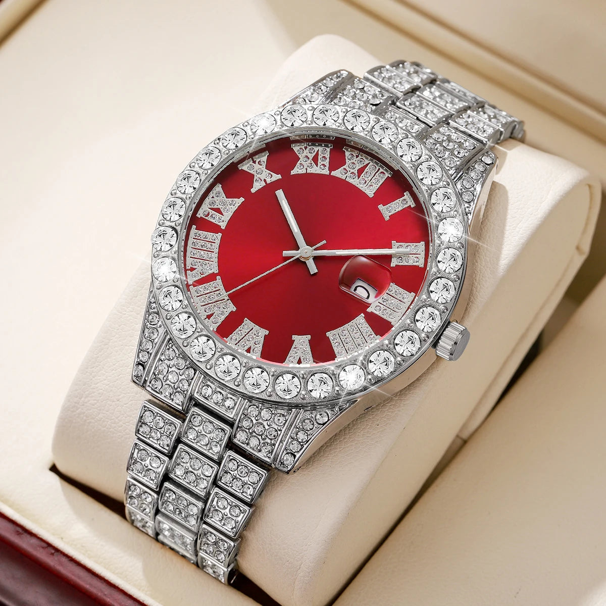 Fashion Full Diamond Men's Watch Stainless Steel Band Male Quartz Wristwatches Date Calendar Watches