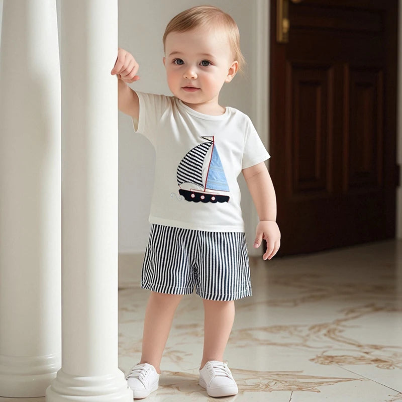 Infant Boy Nautical Theme Outfit with Anchor Applique Short Sleeve Shirt and Striped Shorts Set for Summer Fun