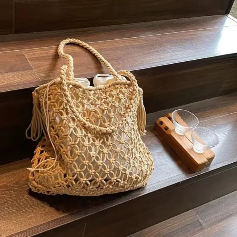 Fashion Handmade Woven Bag Tassel Accessories Summer Woven Solid Color Shoulder Bag Large Tote Bag