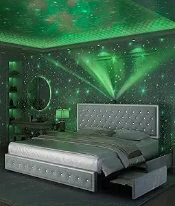 Queen led bed frame with 4 drawers，Galaxy Projector Adjustable Upholstered Headboard Diamond Bed frame with Charger Music Speake