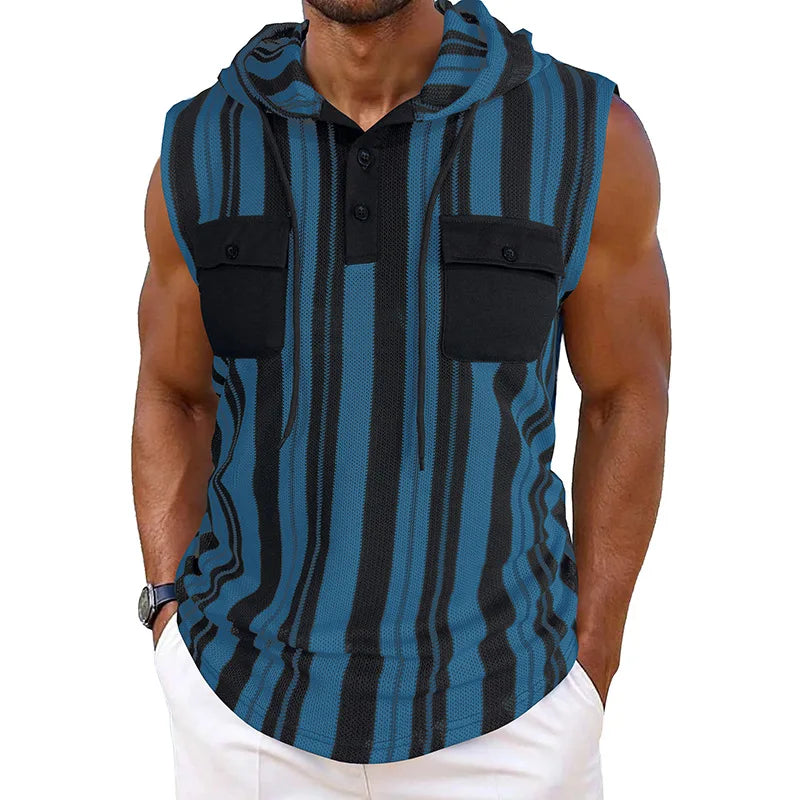 Men s Stylish Sleeveless Striped Tank Top with Hood and Drawstring Casual Button-Up Vest Featuring Pockets for Summer Wear