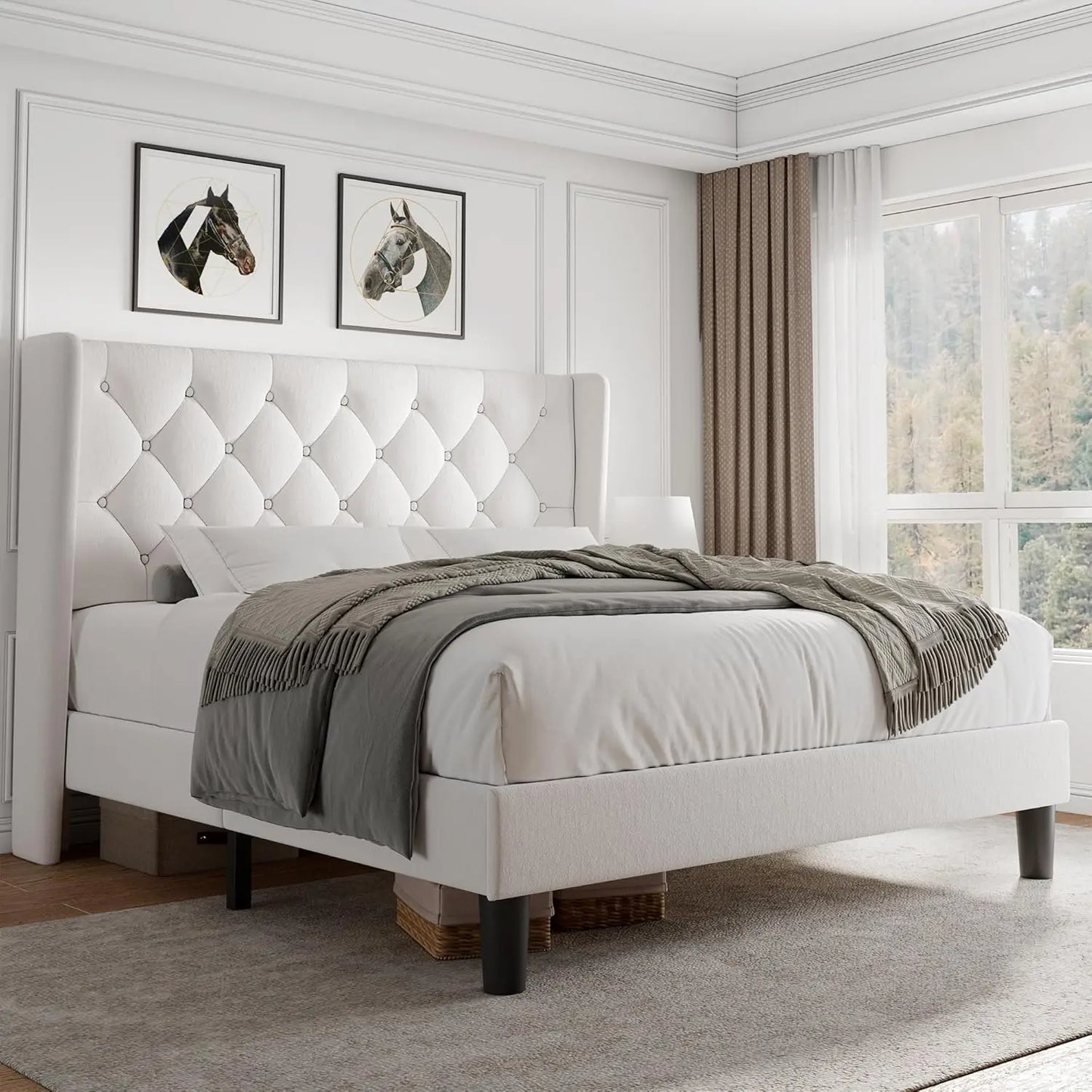 Bed Frame with Button Tufted Headboard, Upholstered Bed Frame with Solid Wooden Slats, 8" Underbed Space