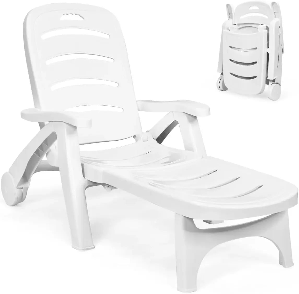 Folding Sunlounger with Wheels, 5-Position Adjustable Outdoor Deck Chair Furniture, Garden Beach Patio