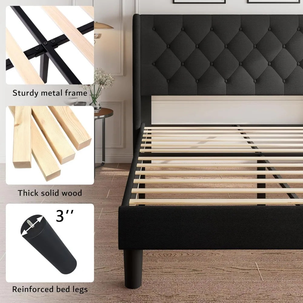 Bed Frame with Button Tufted Headboard, Upholstered Bed Frame with Solid Wooden Slats, 8" Underbed Space