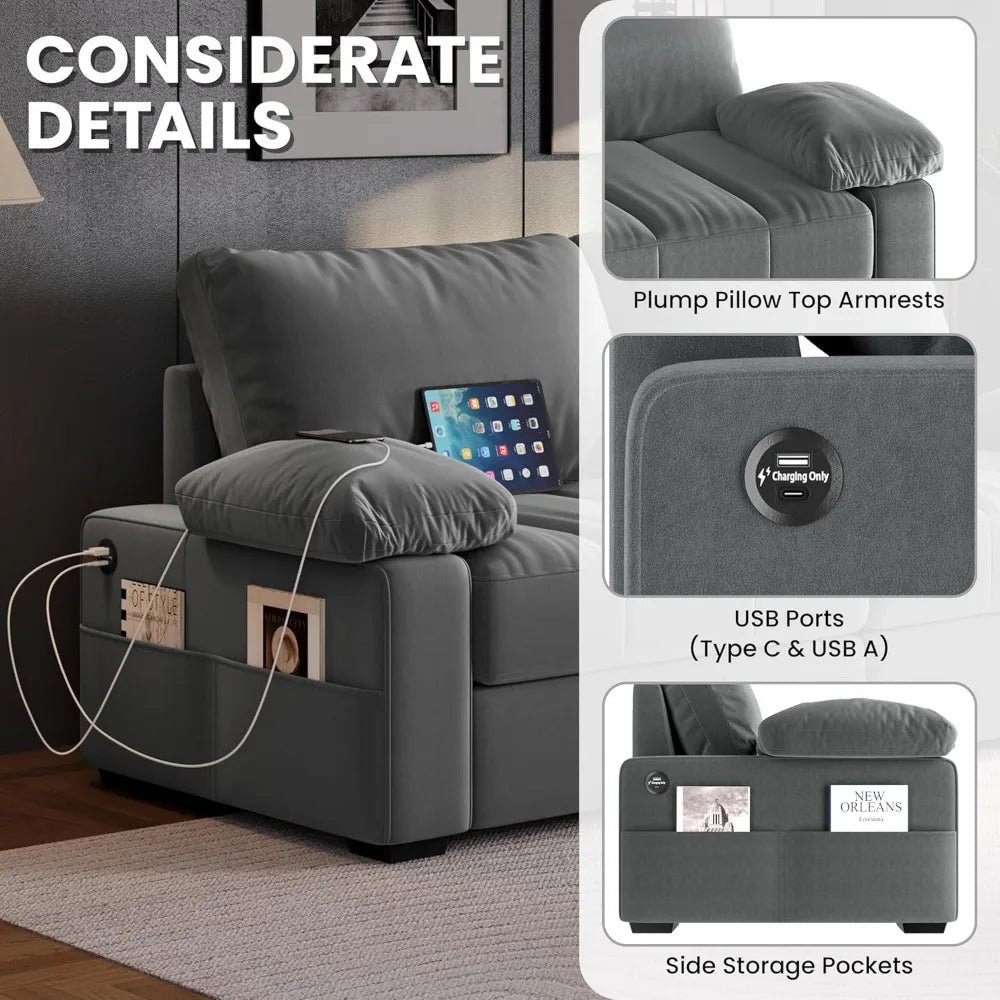 79" Velvet Modern Sofa Couch with Storage Pockets and USB Ports, 2 Seater with Removable Armrest Pillow & Cover for Living Room