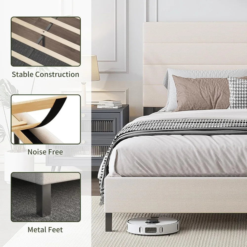 Bed Frame, Modern Upholstered Bed Frame King with Adjustable Linen Headboard, Wooden Slats Support Platform