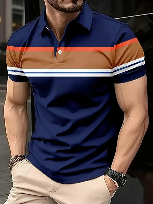Men's Casual Striped Printed Golf Shirt - Breathable Polyester Fiber, Short Sleeve Buckle Details, Perfect Choices in Spring and