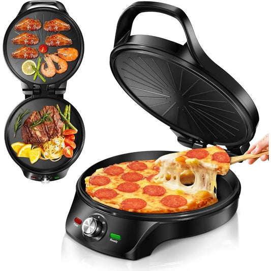12-Inch Pizza Maker & Electric Griddle Nonstick -Countertop Pizza Oven with 30-Min Timer & Auto Shut-Off, 180° Open Indoor