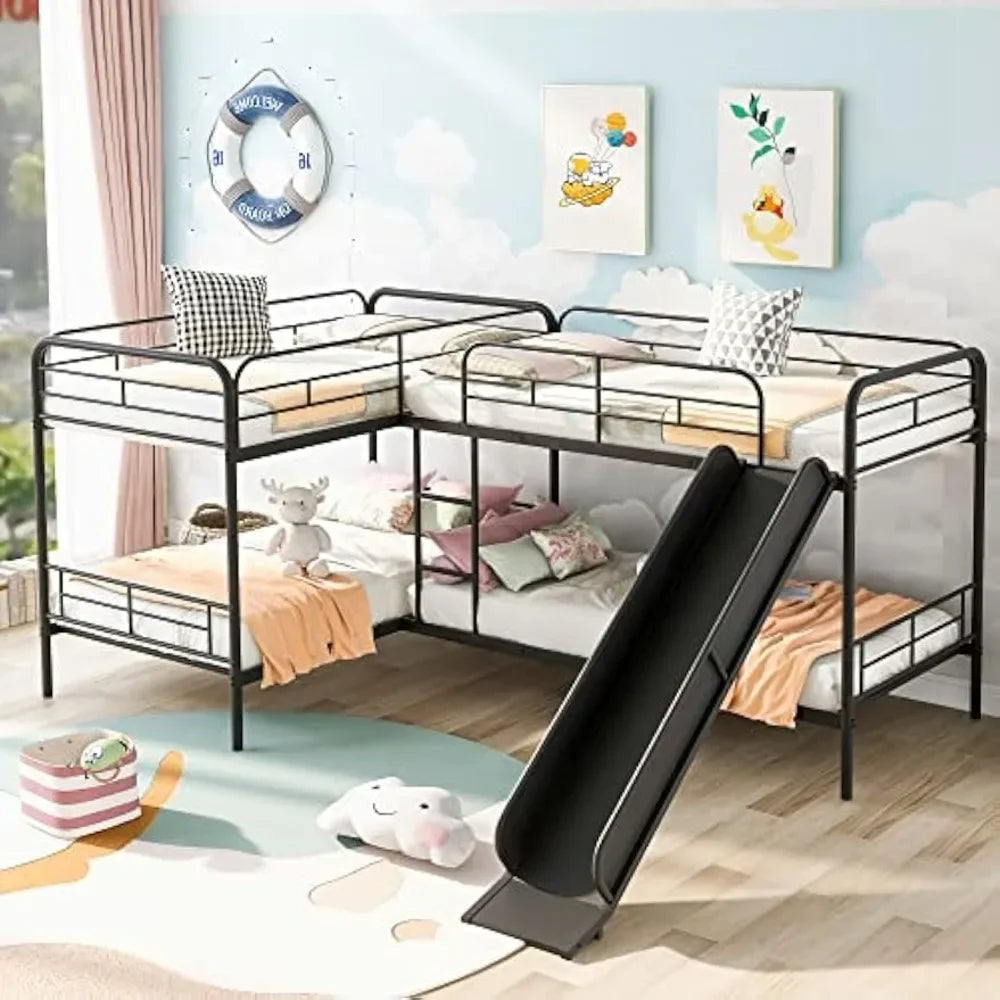Quad Bunk Bed with Slide, L Shaped Bunk Bed for 4, Twin over Twin Metal Bunk Frame for Kids Teens Girls Boys Beds