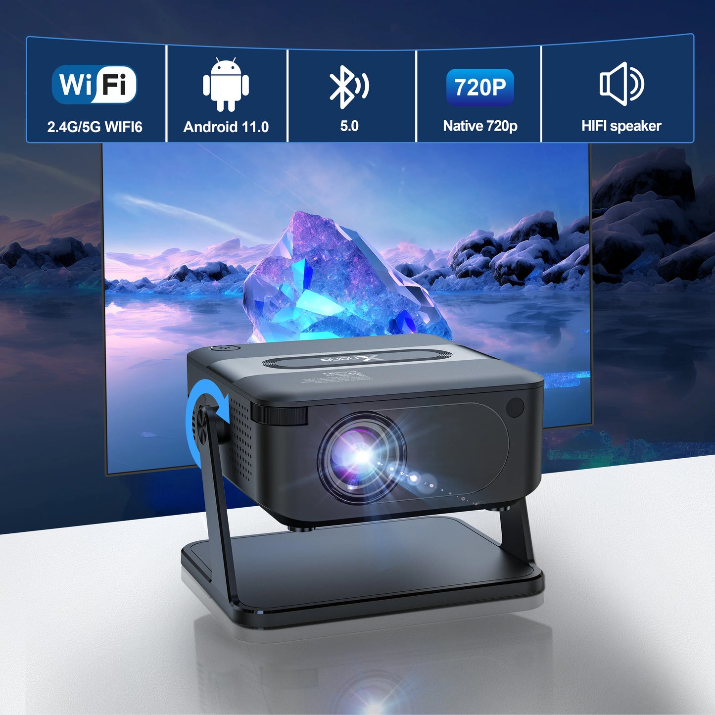 Mini Portable Projector 720P HD Portable Projector Wifi Bluetooth Movie Projector Game Android 11 BT5.2 WIFI6 Projector for Home