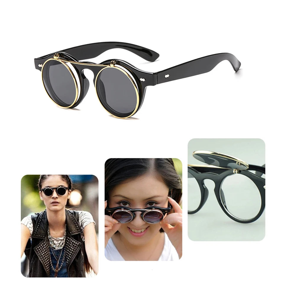 BEGREAT Small Round Double Bridges Sunglasses for Men Women Retro Punk Vintage Flip Lens Shades UV400 Men Rivets Sun Glasses