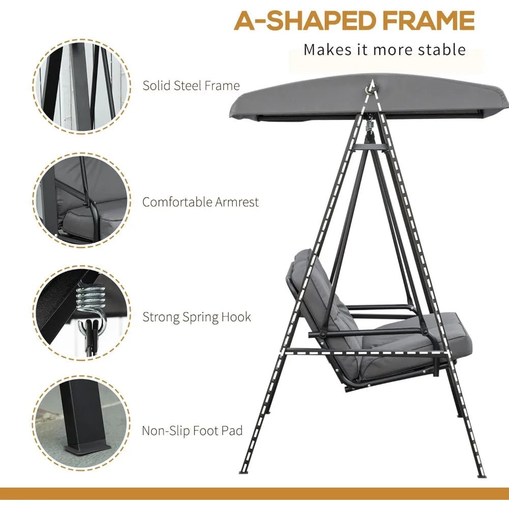 2 Seater Garden Swing Chair with Adjustable Tilting Canopy, Outdoor Hammock Bench with Steel Frame for Patio