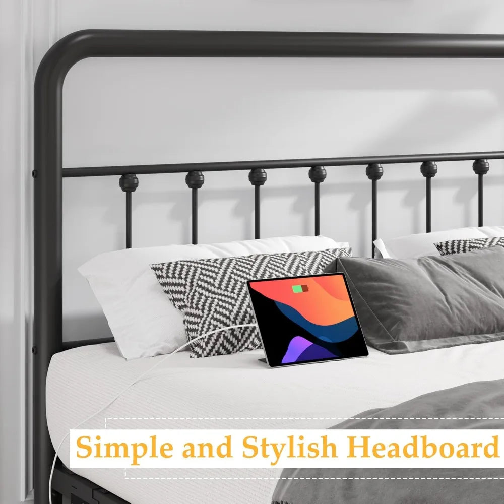 Bed Frame Classic Metal Platform Bed Frame with Charging Station & LED, Iron-Art  No Box Spring Needed, Noise Free, Black