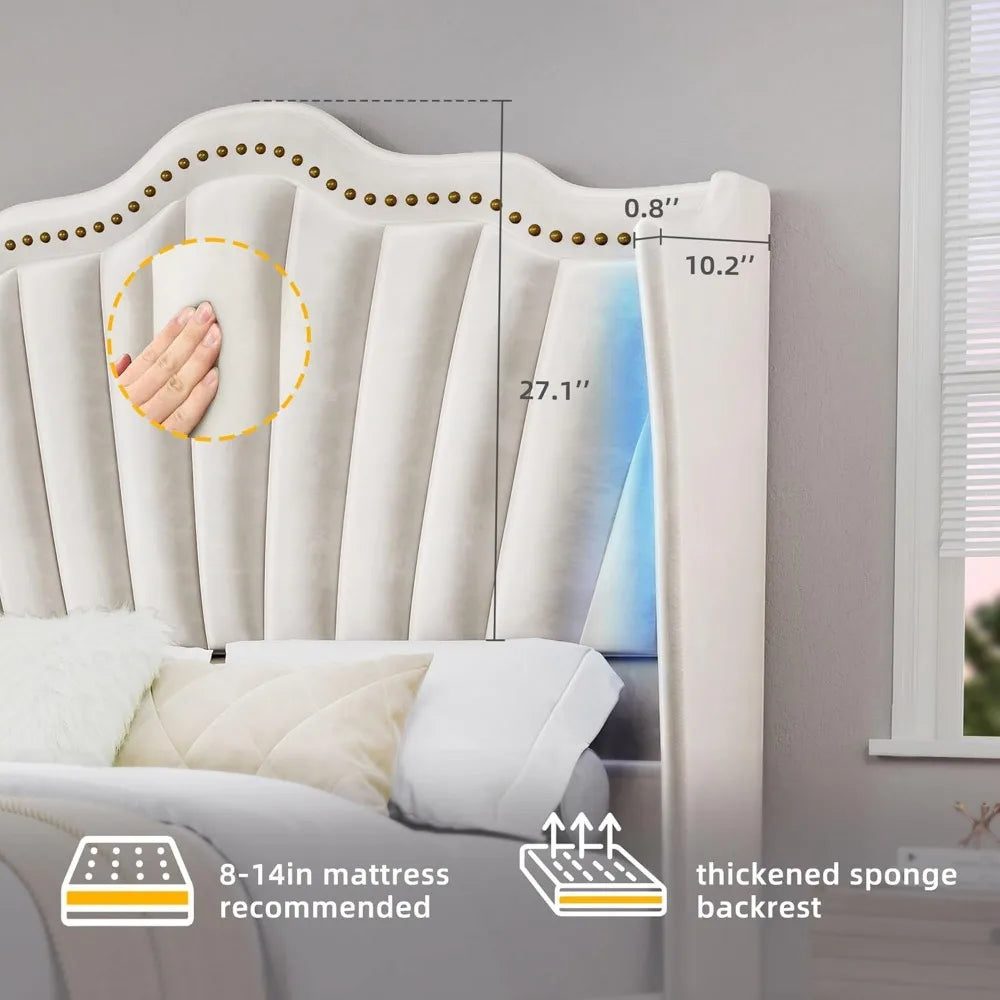 YITAHOME Queen Size Platform Bed Frame with 60" Tall Wingback Headboard and Footboard, Velvet Upholstered Bed with LED Light, So