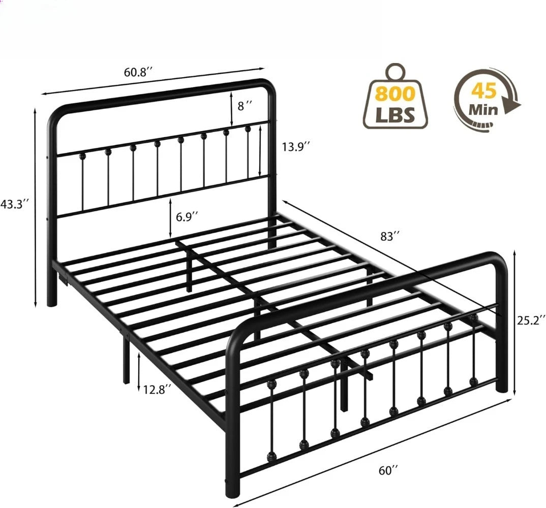 Bed Frame Classic Metal Platform Bed Frame with Charging Station & LED, Iron-Art  No Box Spring Needed, Noise Free, Black