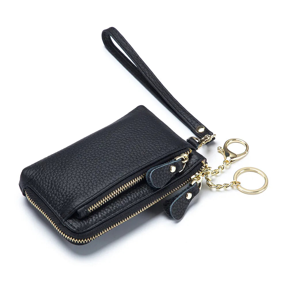 Mini Genuine Leather Women's Lychee Pattern Wallet Zipper Around Card Coin Purse with Detachable Wrist Strap Handbag