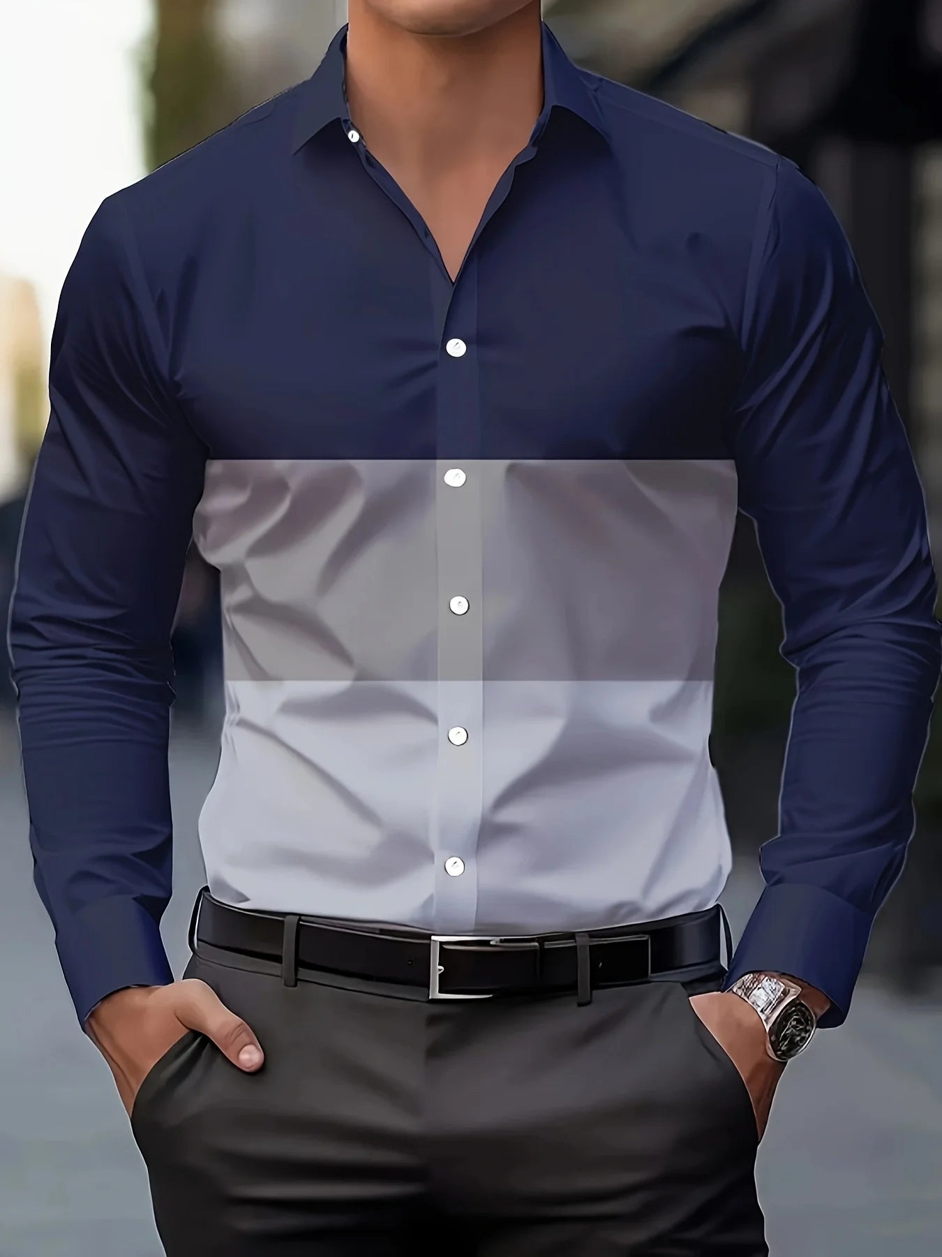 Men's Color Blocked Lapel Collar Design Dress Shirts, Long Sleeve Casual Button Up Shirt For Formal Occasions simple design