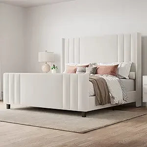 Albott Queen Size Platform Bed Frame, Upholstered Bed with Vertical Channel Tufted Wingback Headboard & Footboard, Premium Velve