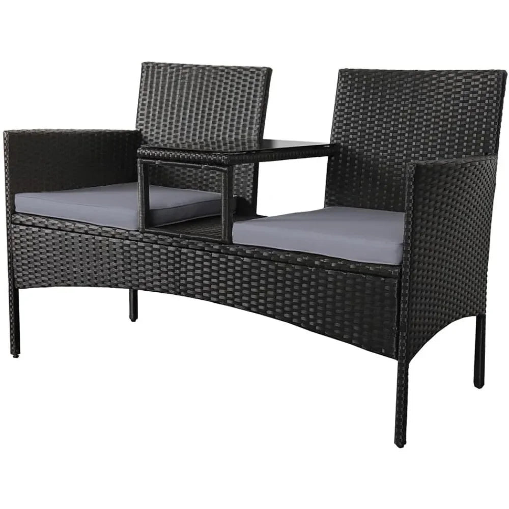 2 Seater Bench with Grey Cushions, Built-In Centre Glass Table Wicker Garden Furniture for Outdoor Balcony Poolside Bistro