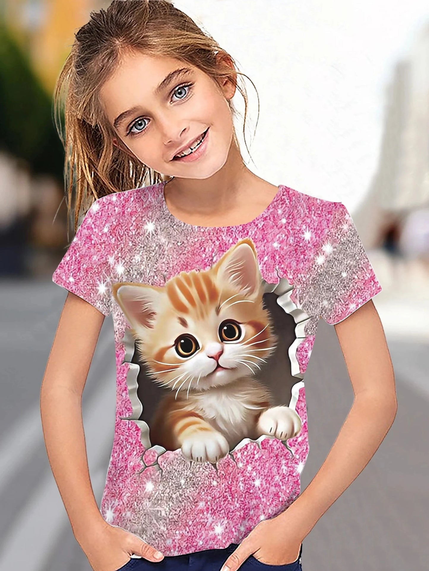 T-Shirt for Girls Cute Kitten Girls Clothes Kids T-Shirt Summer Short Sleeve Children Outdoor Sports Tops T-Shirt for Girls