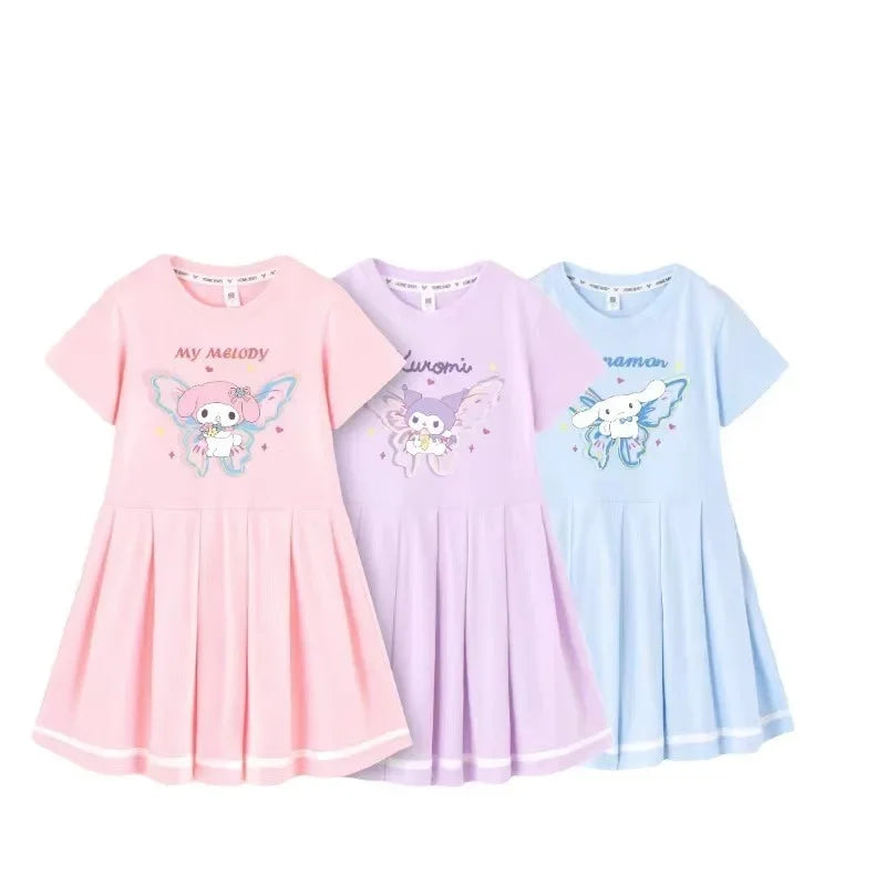 Sanrio Kuromi Girls Fashion Short Sleeve Dresses Summer Cute Cinnamoroll Melody Print Princess Dress Kids Birthday Clothes