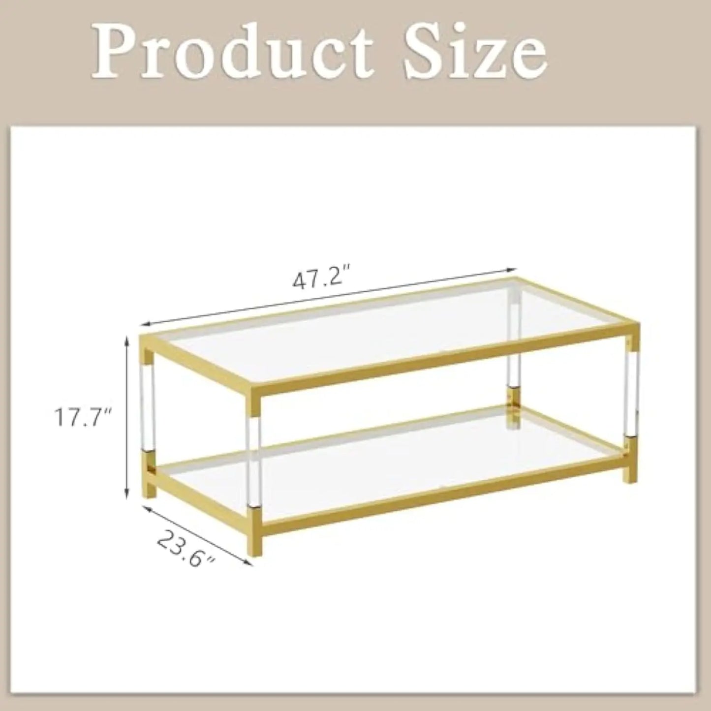 Glass Coffee Table, 47.2'' Modern Glass Table, Gold Stainless Steel & Acrylic Legs, Rectangular Center Table,Glass Top & 2-Tier