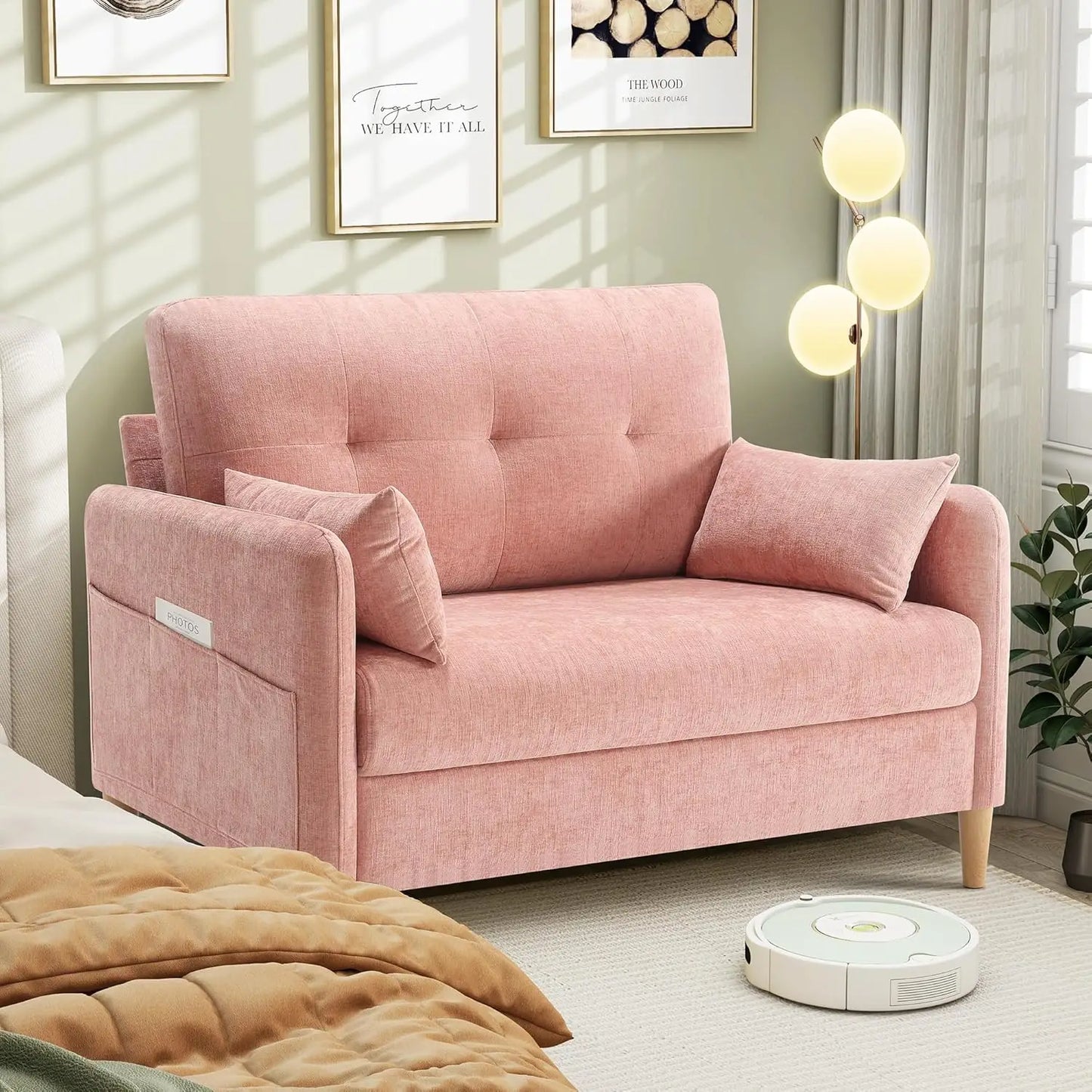 Hanherry Loveseat Sofa, 47” Small Couch for Living Room, Comfy Chenille Fabric Love Seat for Bedroom with Throw Pillow