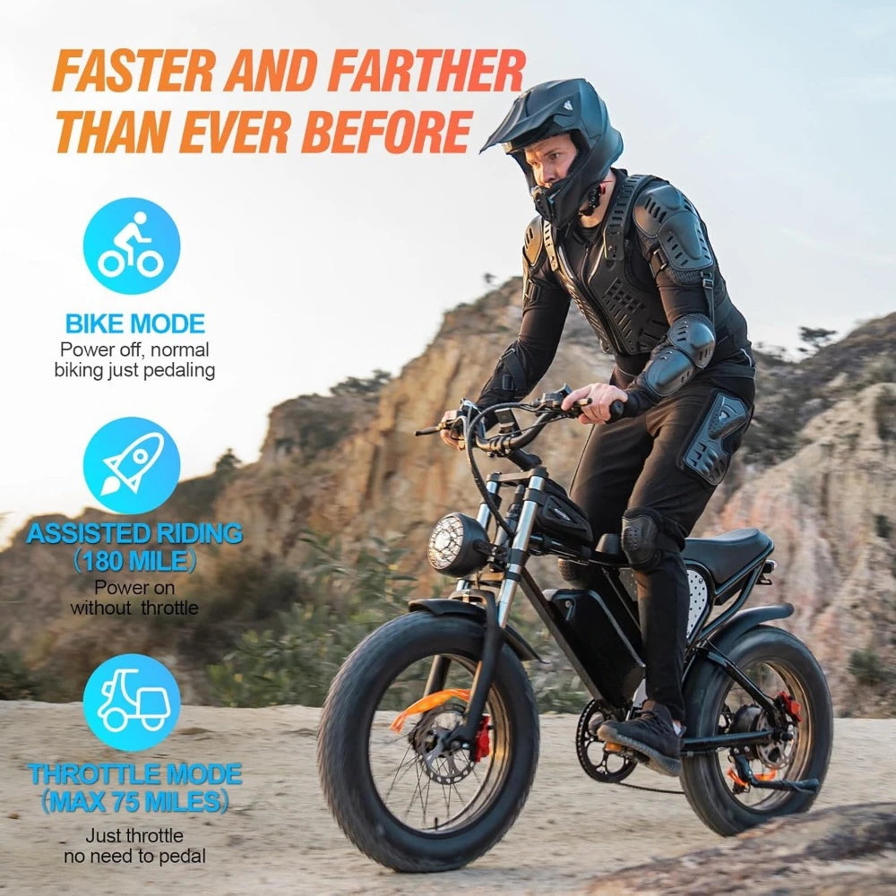 Electric Bike,1000/2000W, 25/30/37MPH,48V-52V, 20AH,40AH Battery, Max 50-180 Miles Electric Motorcycle, 20" Fat Tire Dirt Bike