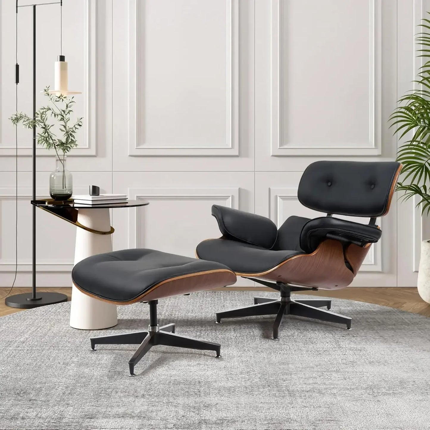 Top PU Leather Lounge Chair with Ottoman, Comfy Recliner with Wide Armrest, Mid Century Modern Accent Chair