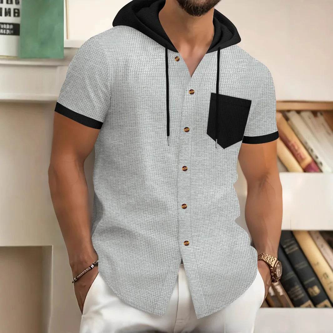 Men s Patchwork Drawstring Hooded Button Down Short Sleeve Waffle Hoodies T-Shirts Casual Tops for Summer Fashion Style