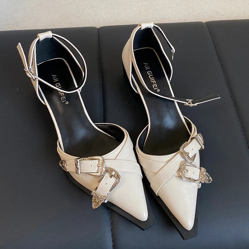 Women High Heels Shoes Ladies Sandals 2025 Pointed Toe Shallow Footwear Thick-Heeled Female Ankle Strap Shoes Fashion Pumps