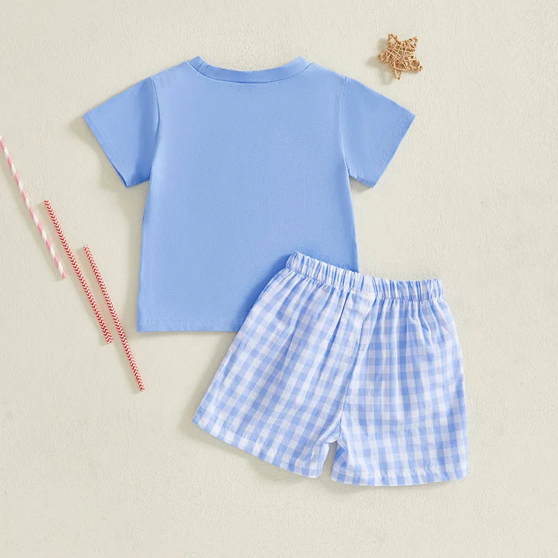 Infant Boy Independence Day Apparel Set with Short Sleeve Tee and Embroidered Shorts - Patriotic Toddler Outfit for 4th of July
